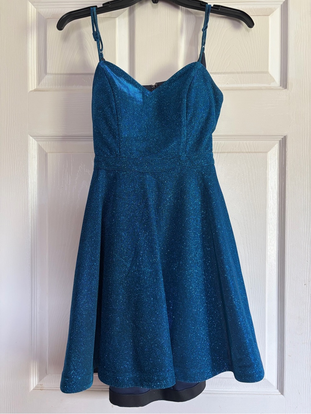 Homecoming Sparkle Teal Blue Fit-and-Flare Dress with Spaghetti Straps Size Sm